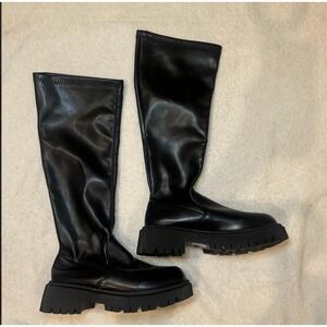 Chunky Platform Knee High Boots Black Faux Leather Lug Sole Goth Punk